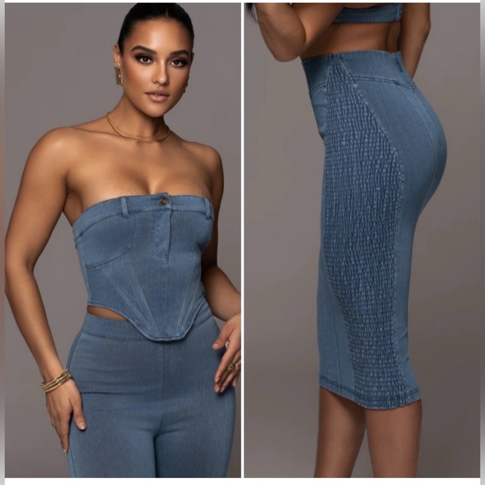 High-Waist Blue Denim-Effect Ribbed Pencil Skirt